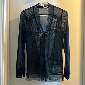 Dolcezza navy blue see thru button down vneck  shirt size small.
